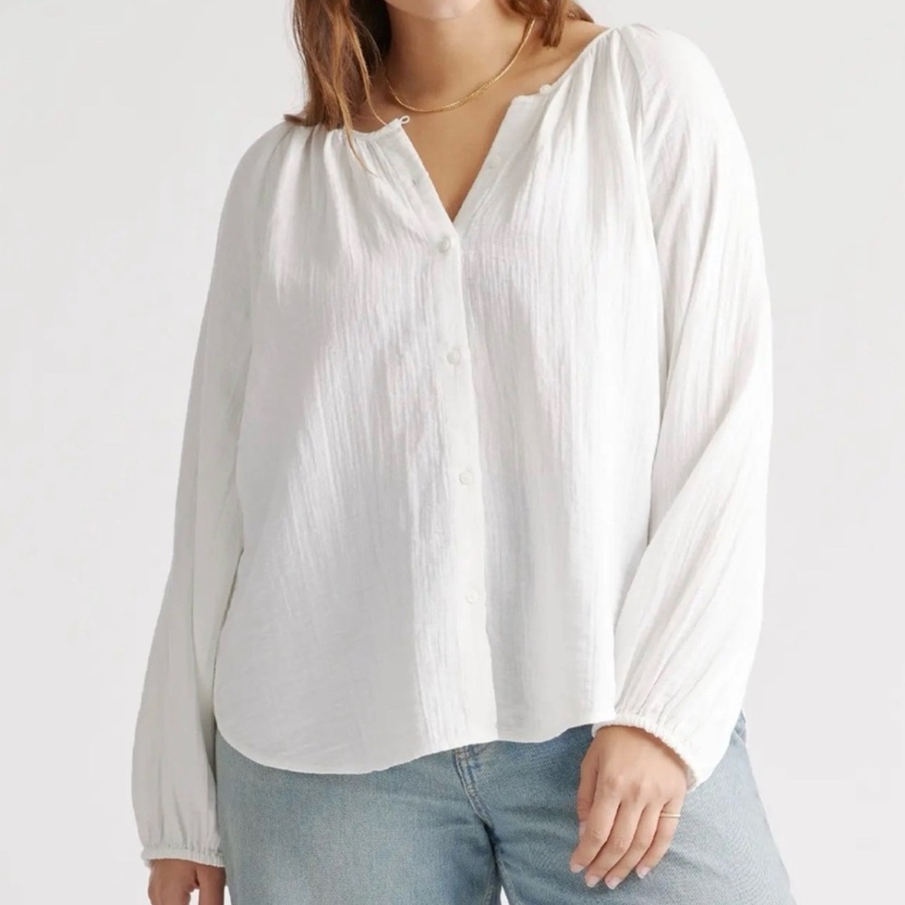 Quince White Button-Front Peasant Blouse